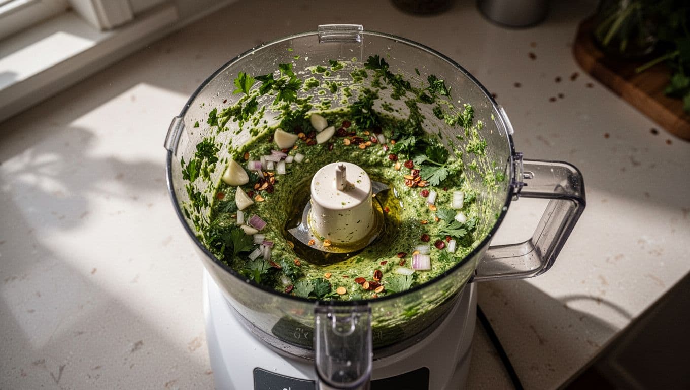 Food processor filled with chopped parsley, cilantro, garlic, onion, vinegar, oil, red pepper flakes, partially blended into green sauce on kitchen counter.