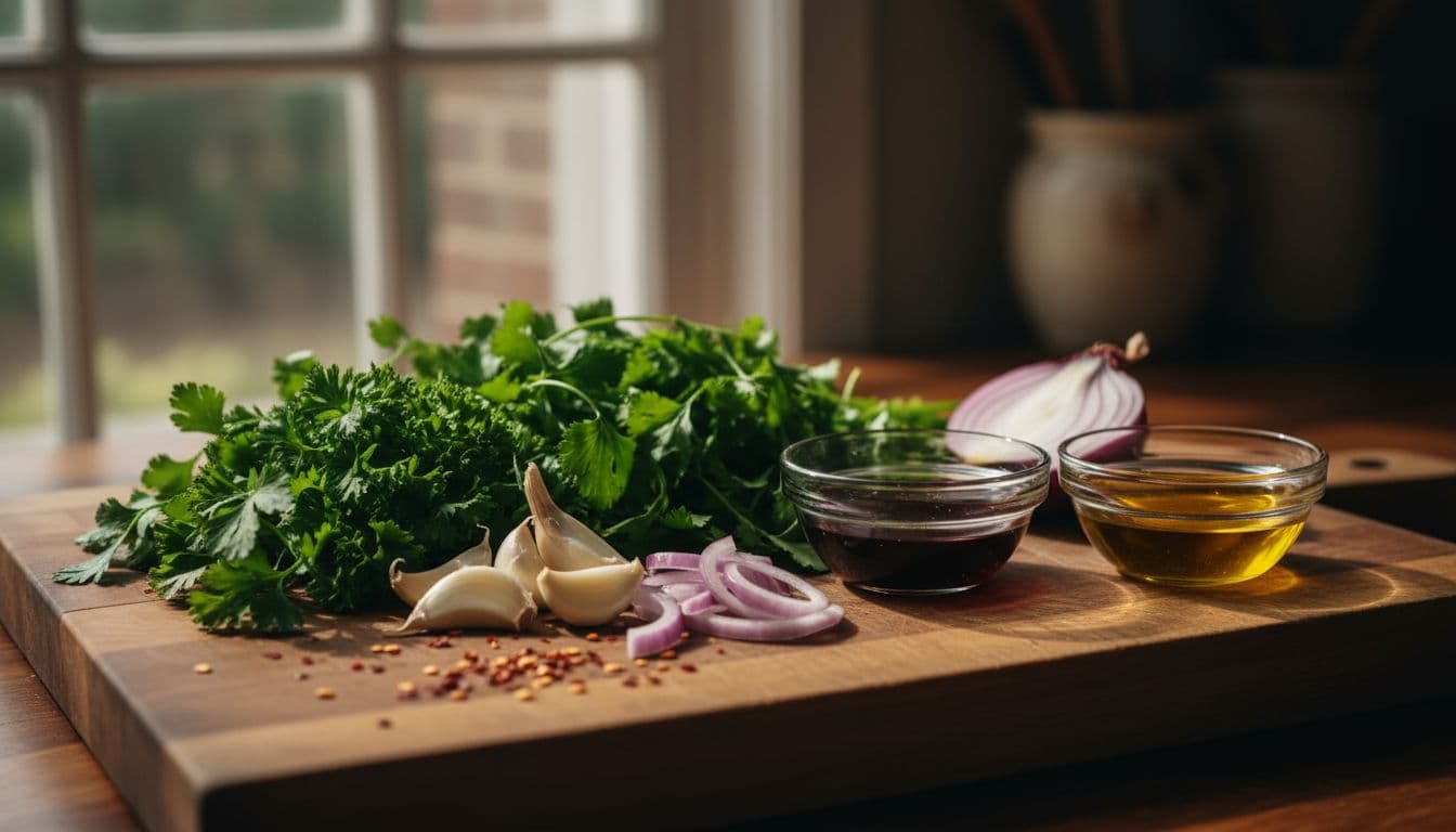 Parsley, cilantro, garlic cloves, red onion, red wine vinegar, olive oil, and red pepper flakes on a wooden cutting board.