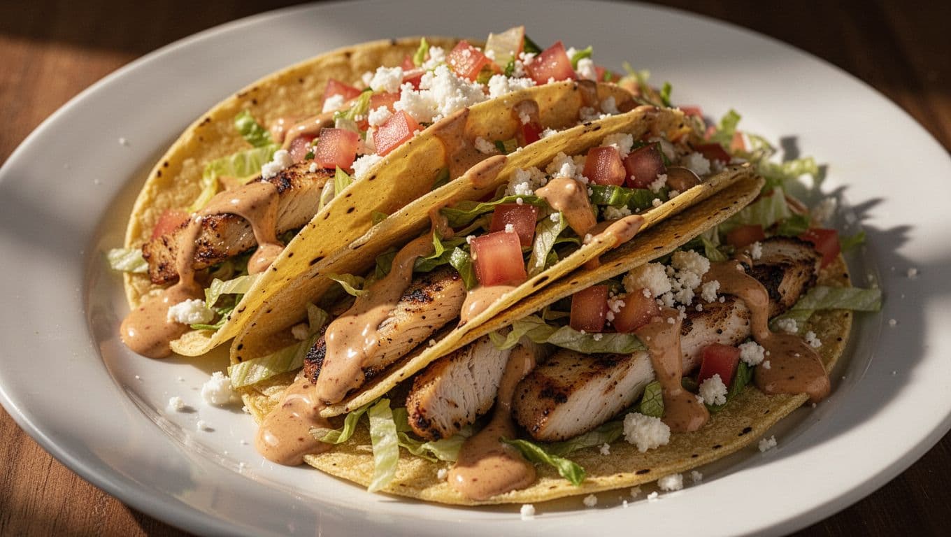 Three soft corn tacos topped with grilled chicken, lettuce, tomatoes, cheese, and chipotle sauce on a white plate.