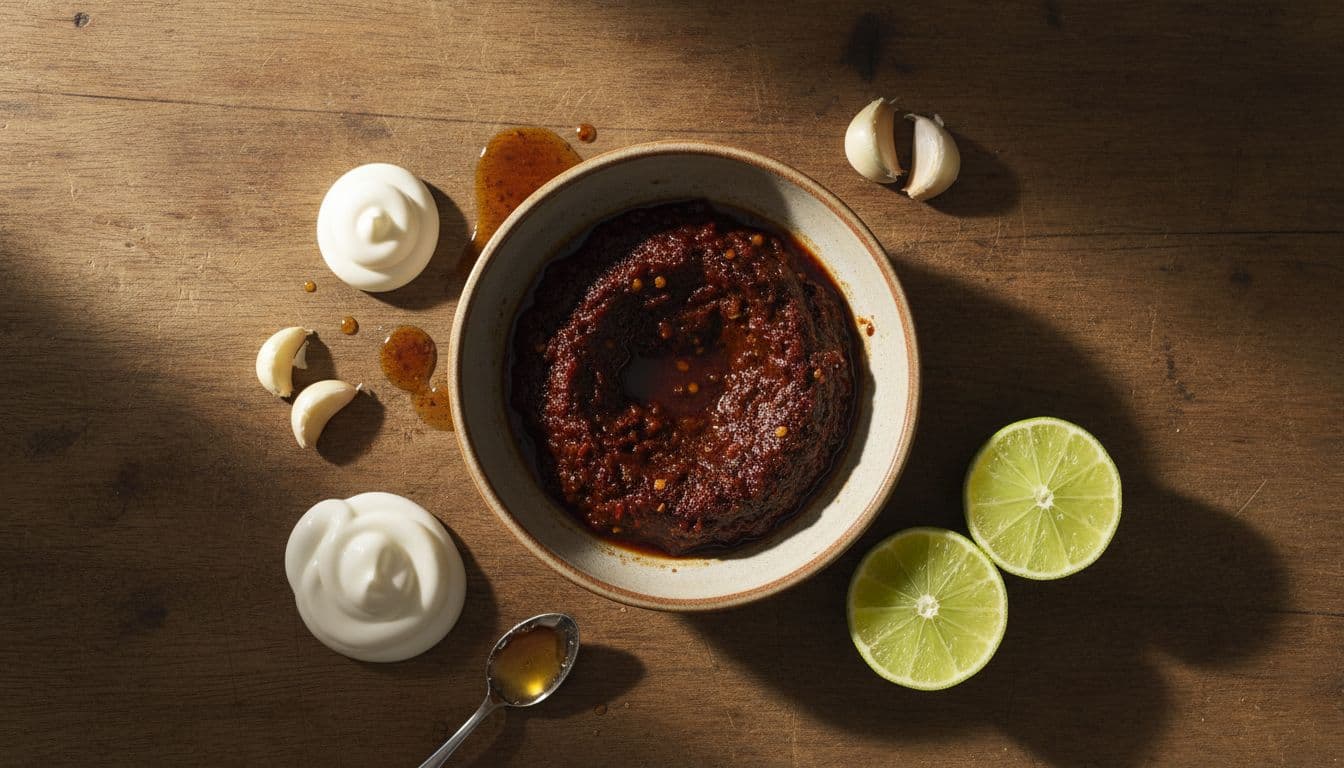 Overhead view of a bowl with chipotle peppers, mayonnaise, yogurt, garlic cloves, lime halves, and honey on a wooden counter.