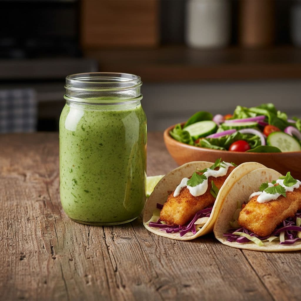 Glass jar of green cilantro lime dressing on wooden table next to fish tacos and mixed green salad.