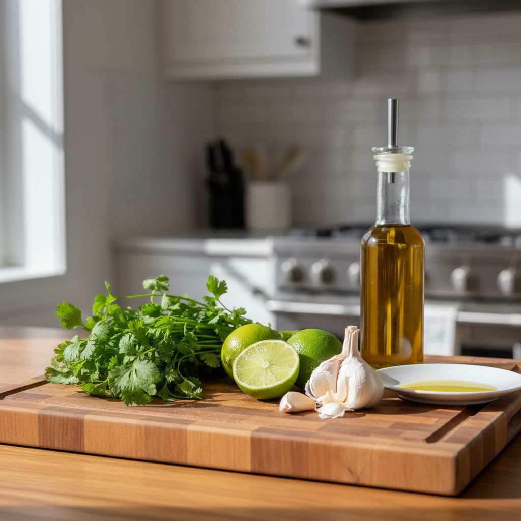 Kitchen counter with fresh cilantro, whole limes, garlic clove, and olive oil.