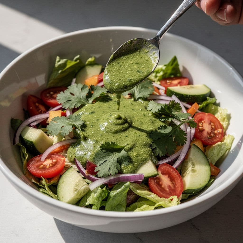 Small spoon pours vibrant green cilantro lime dressing over fresh summer salad in white bowl.