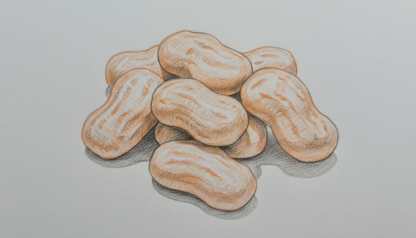 Overhead sketch of loosely stacked orange circus peanuts, emphasizing their marshmallow-like puffy texture and irregular shapes in graphite linework on gray paper.