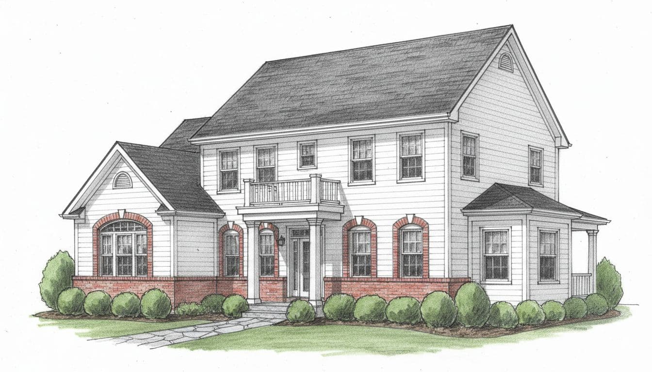 Hand-drawn graphite sketch of a classic two-story American suburban house exterior featuring soft white siding, dark asphalt shingle roof, red brick foundation and window accents, simple front porch with columns, and small front yard with boxwood shrubs; front three-quarter landscape view with light shading on clean white paper background.