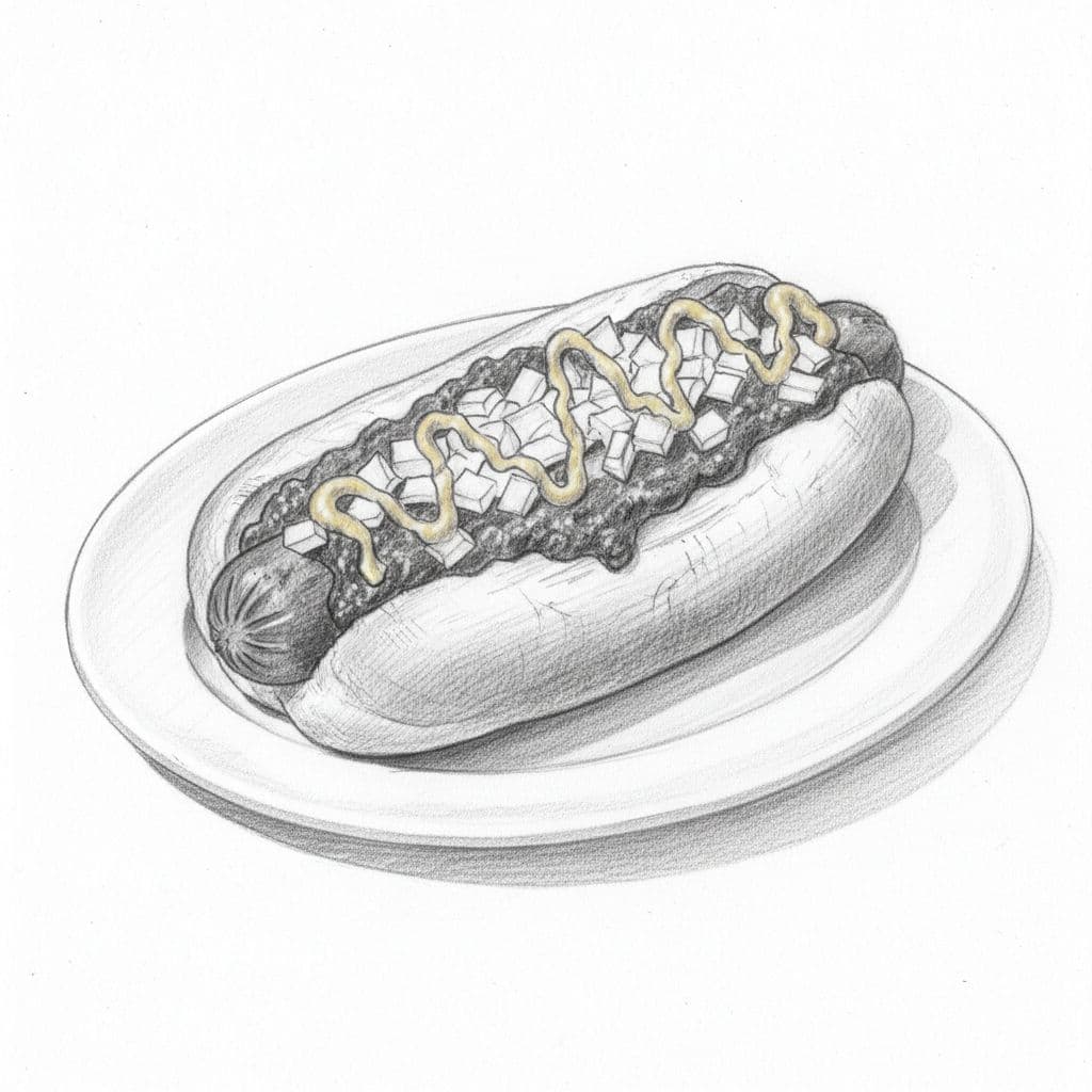 Single classic coney dog on a plain white plate: steamed beef hot dog in toasted bun with thin chili sauce, chopped white onions, and yellow mustard drizzle. Hand-drawn graphite sketch with light shading, angled three-quarter view on clean white background.