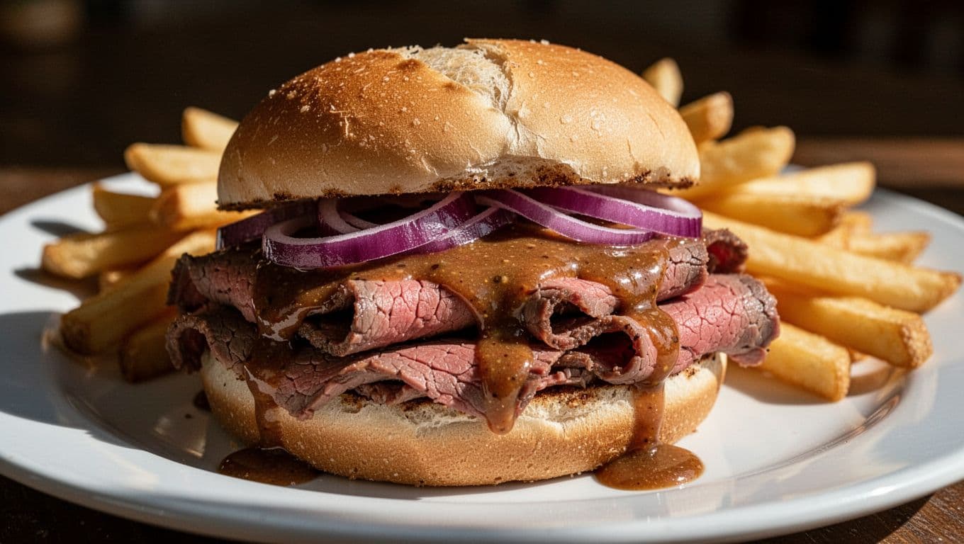 Close-up of a toasted bun filled with thinly sliced roast beef, topped with thick homemade Arby's sauce and red onions, served on a white plate with golden fries in the background. Cinematic lighting highlights the sauce texture and strong contrasts.