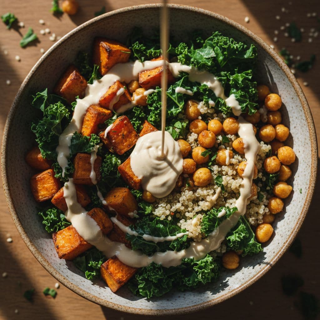 A top-down view of a vegetable bowl featuring sweet potatoes, kale, chickpeas, quinoa, and creamy tahini sauce.