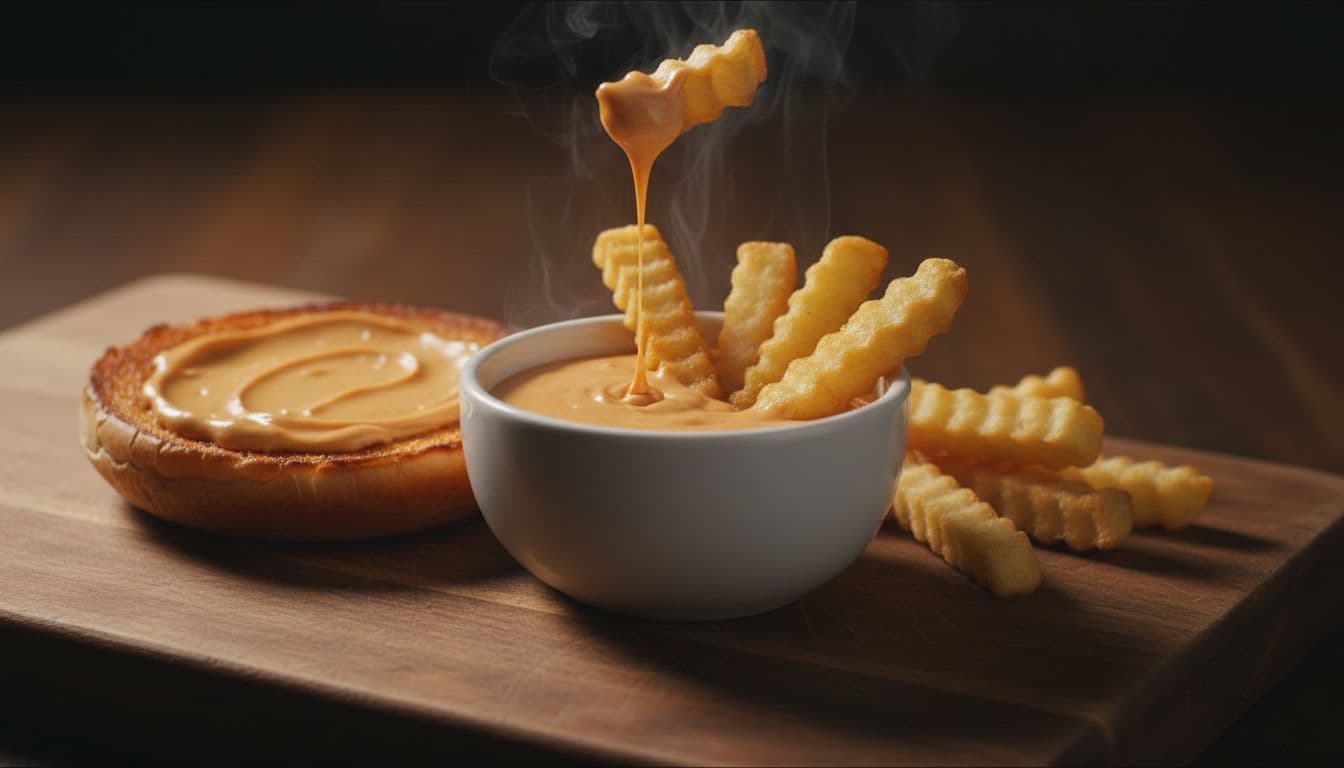 Close-up view of creamy orange comeback sauce in a white bowl on a wooden board, golden crispy french fries partially dipped with dripping sauce, and a juicy burger bun with sauce spread nearby, soft steam rising in cinematic style.