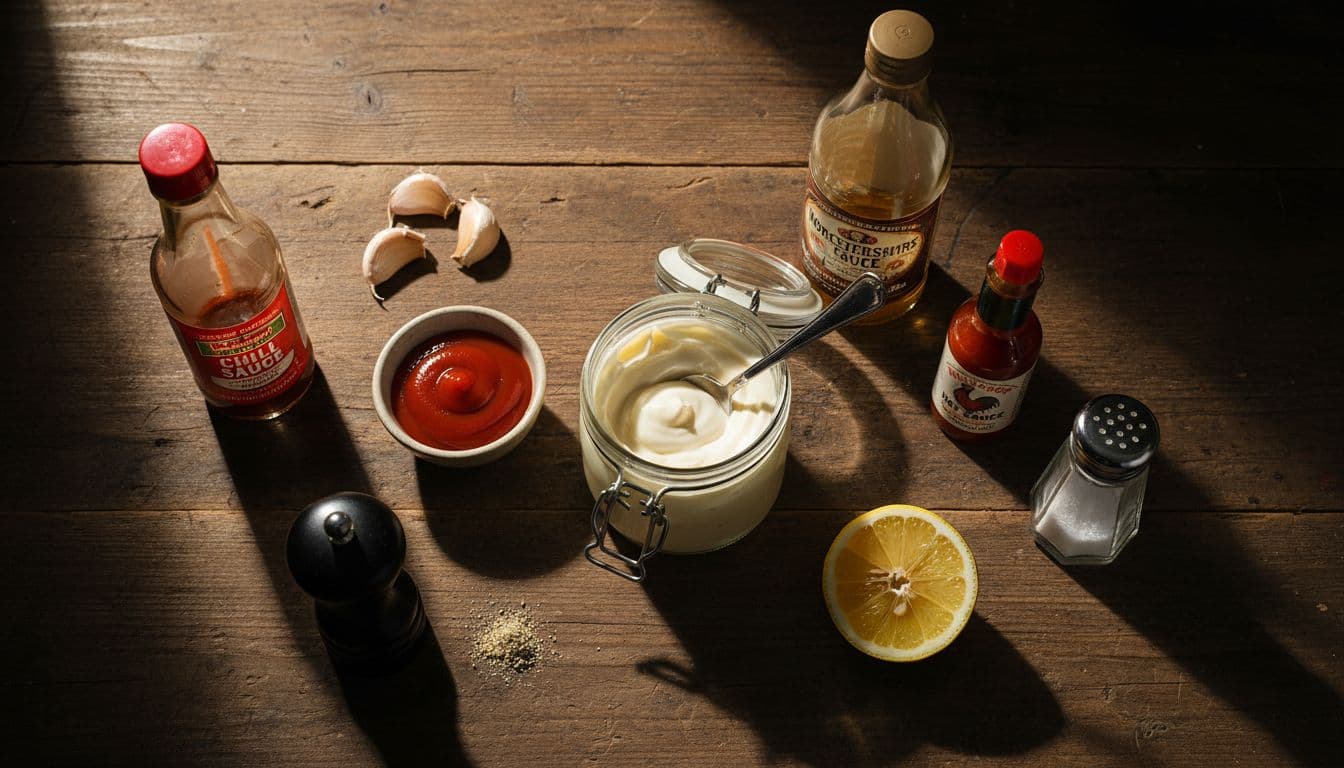 Overhead composition of fresh ingredients for comeback sauce on a rustic wooden kitchen table: mayonnaise jar, ketchup bowl, chili sauce, Worcestershire sauce, hot sauce, garlic cloves, lemon half, black pepper grinder, and salt shaker.