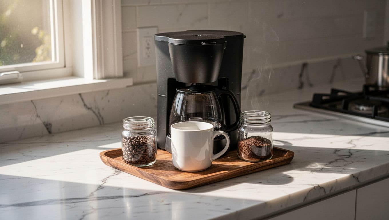 Matte black coffee maker, white ceramic mug, glass jar of beans, and wooden tray on white marble counter in morning sunlight.
