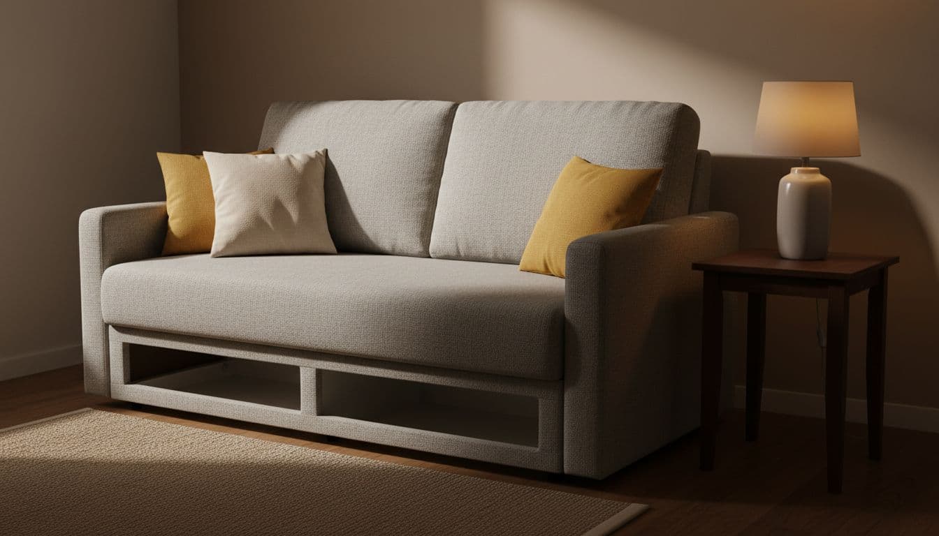 Compact multifunctional sofa bed with built-in storage in a small cozy living room, featuring a side table with lamp and scattered pillows on warm wooden floors and neutral walls. Close-up cinematic composition with strong contrast, depth of field, and dramatic warm lighting casting soft shadows, focusing on exactly two furniture pieces.
