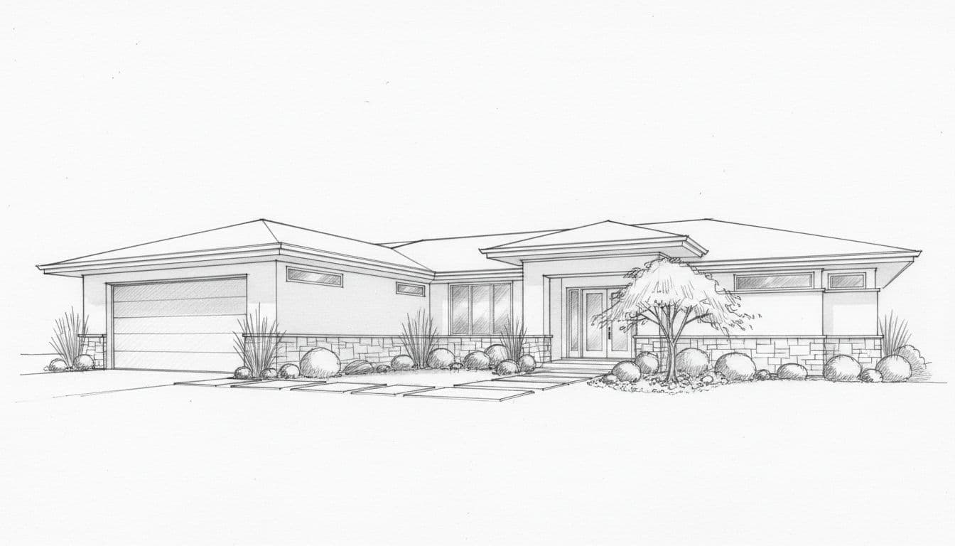 Hand-drawn graphite sketch of a contemporary ranch-style house with white exterior, crisp white trim, light gray garage door, stone base accents, and landscaped entry, shown in angled front landscape view on clean white paper.