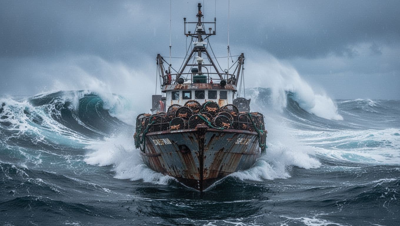 The iconic F/V Cornelia Marie fishing vessel battles massive waves and high swells in a dramatic storm in the Alaskan Bering Sea, with crab pots stacked on deck, captured in cinematic realism with cool blue tones and misty spray.