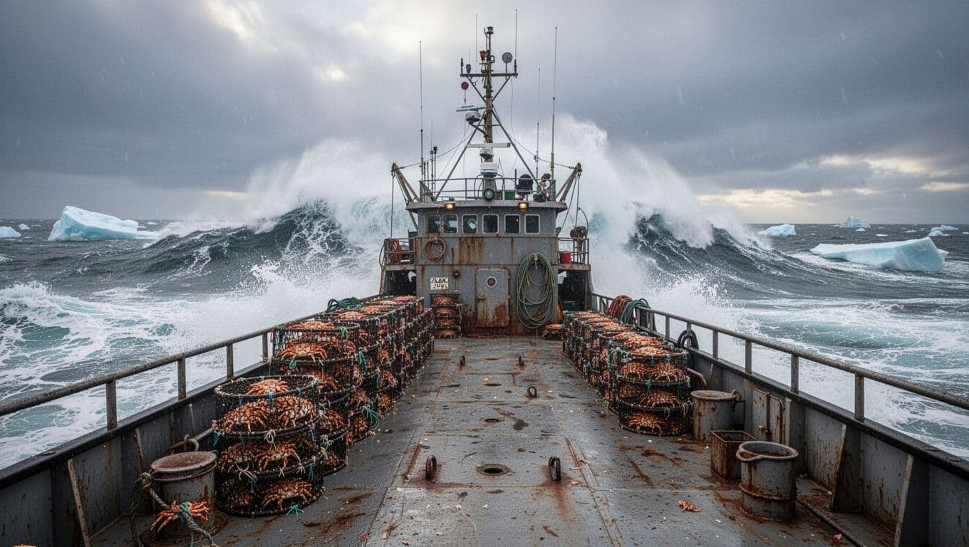 Rugged crab fishing boat Cornelia Marie battles massive waves and ice floes in the Bering Sea during opilio crab season, with stacked pots on deck under a dramatic sky.