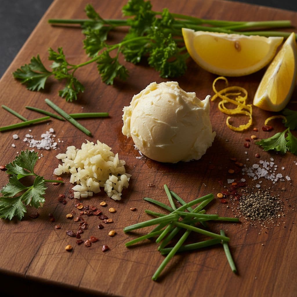 Softened butter, minced garlic, herbs, and lemon arranged on a wooden board.