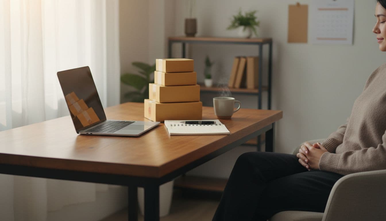 Realistic photo of a beginner-friendly cozy home office for an Amazon FBA seller, showing a wooden desk with an angled open laptop (no text), neat stack of product boxes, open notebook with pen, and coffee mug under natural window light in warm tones. One relaxed person sits with hands on lap, no other elements or text.