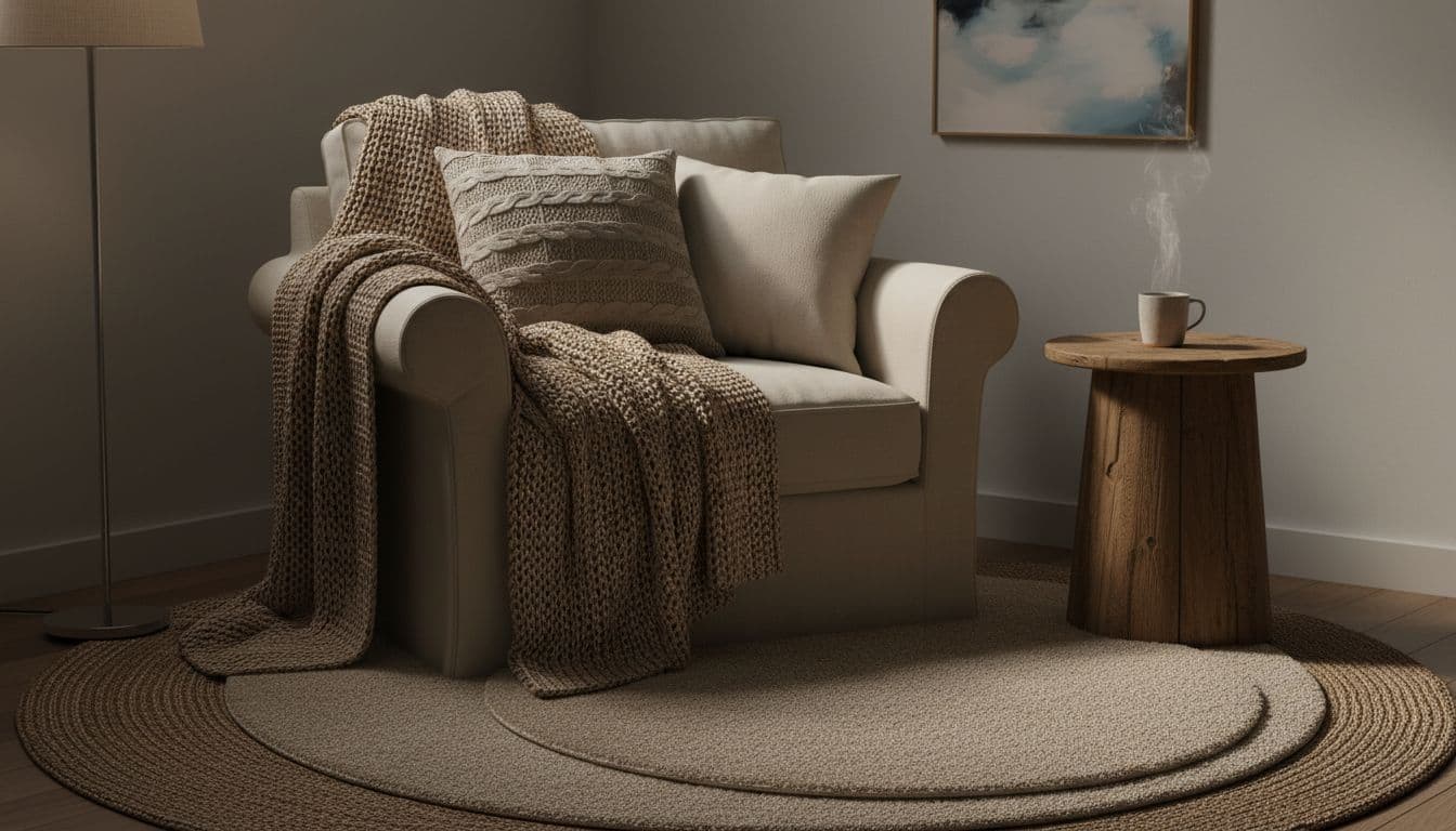 Cozy armchair in a small living room corner draped with chunky knit throw blanket and cushions, layered small area rugs on the floor, wooden side table with mug, neutral walls with subtle art, cinematic style with dramatic soft warm lighting from a nearby lamp.