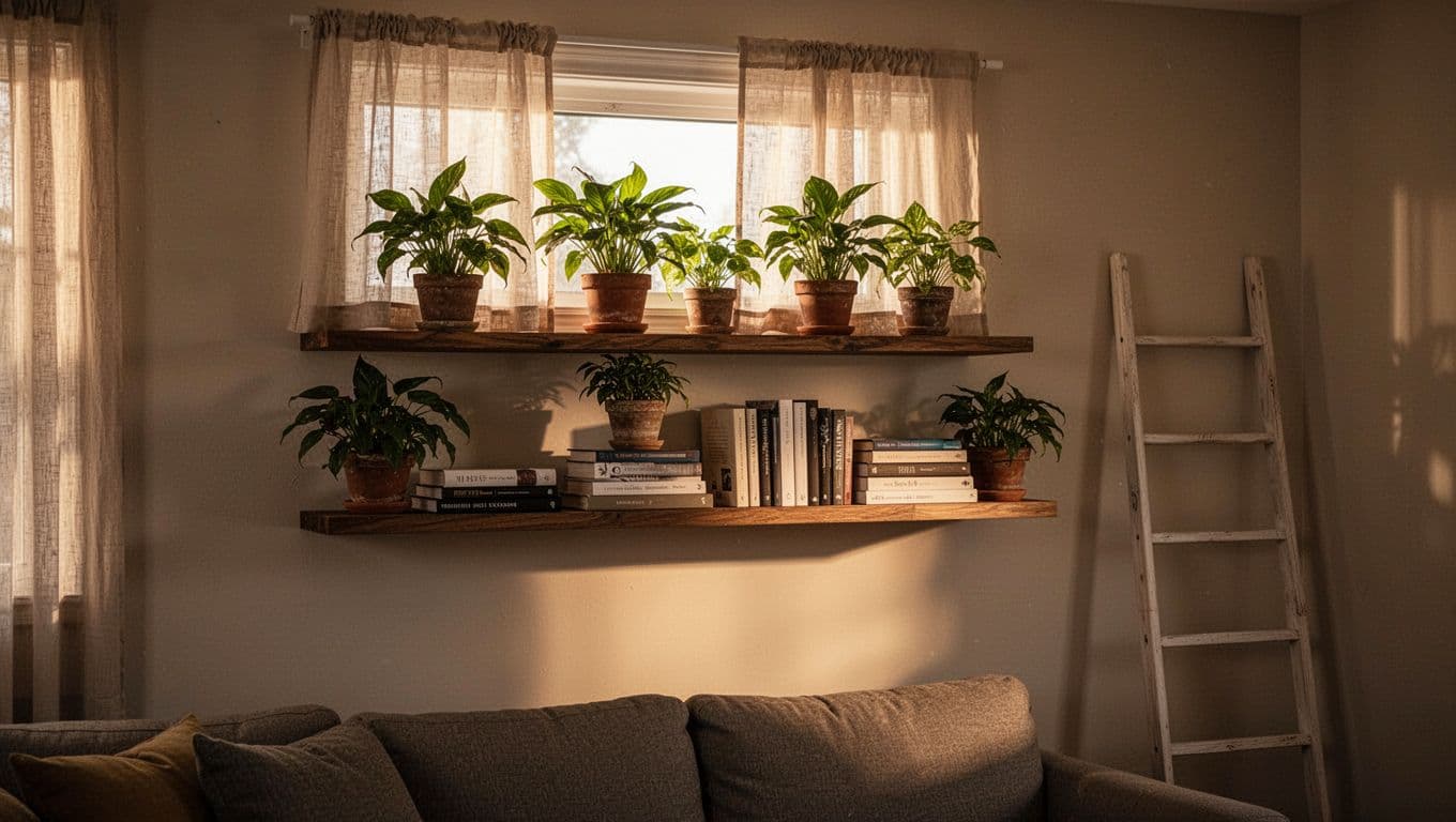 Wall-mounted floating shelves featuring potted greenery and stacked books in a small living room below a narrow window with sheer curtains, utilizing vertical space without crowding the floor.