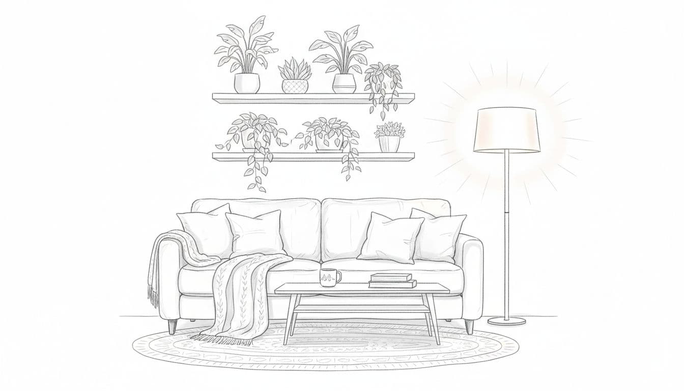 Hand-drawn graphite sketch of a cozy living room with comfortable sofa, potted plants on shelves, and warm lamp light on clean white paper.