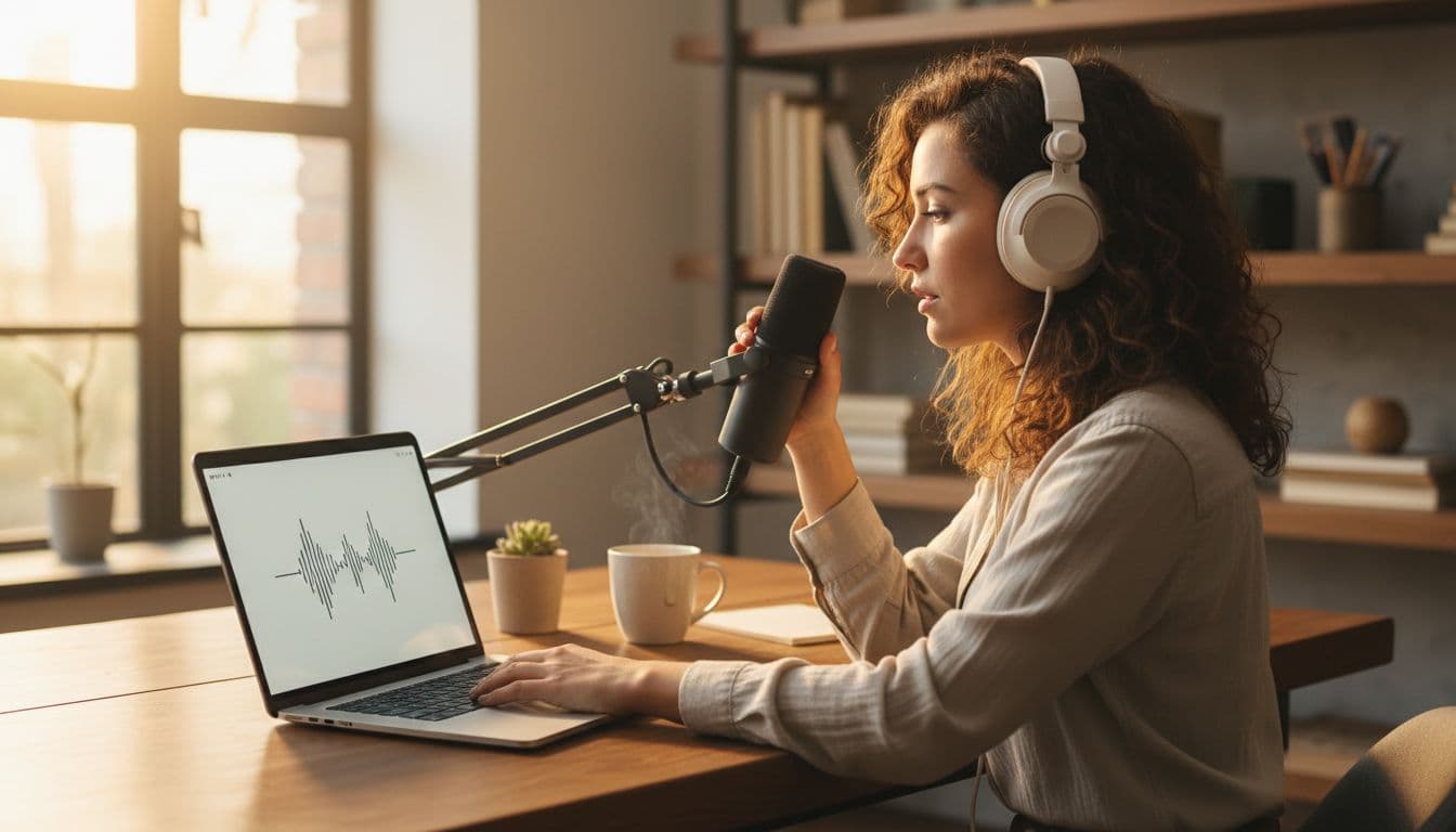 Content creator in cozy home office wearing headphones, speaking into microphone, and using laptop for AI voice generation on wooden desk with coffee mug and plant, focused expression under warm natural daylight.