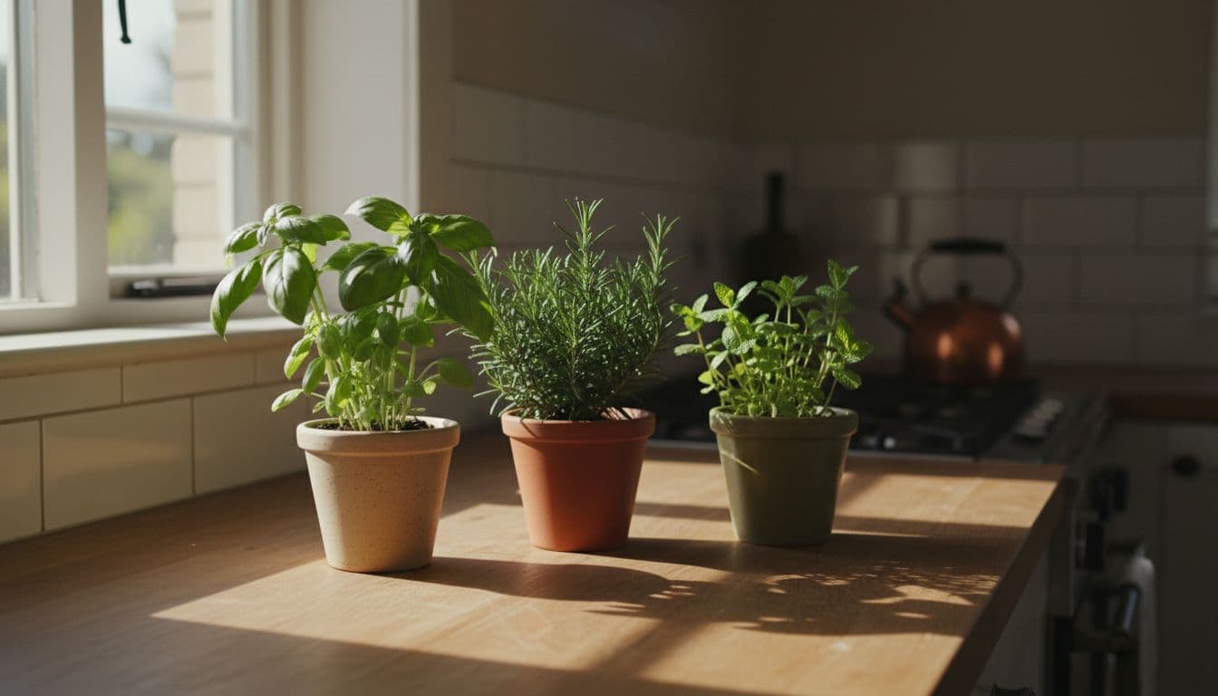 Three ceramic pots of basil, rosemary, and mint neatly arranged on a wooden kitchen counter with soft morning light and shadows.