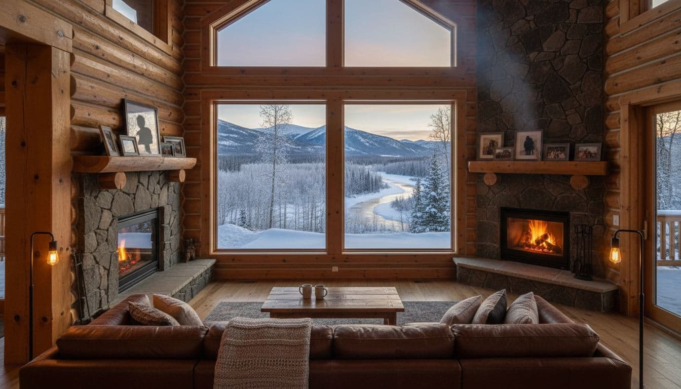 Warm wooden interiors of a cozy family living room in a modern log cabin, featuring a leather sofa, crackling stone fireplace, and large windows showcasing a snowy Yukon landscape, with soft evening light and family photos on the mantel but no people visible.
