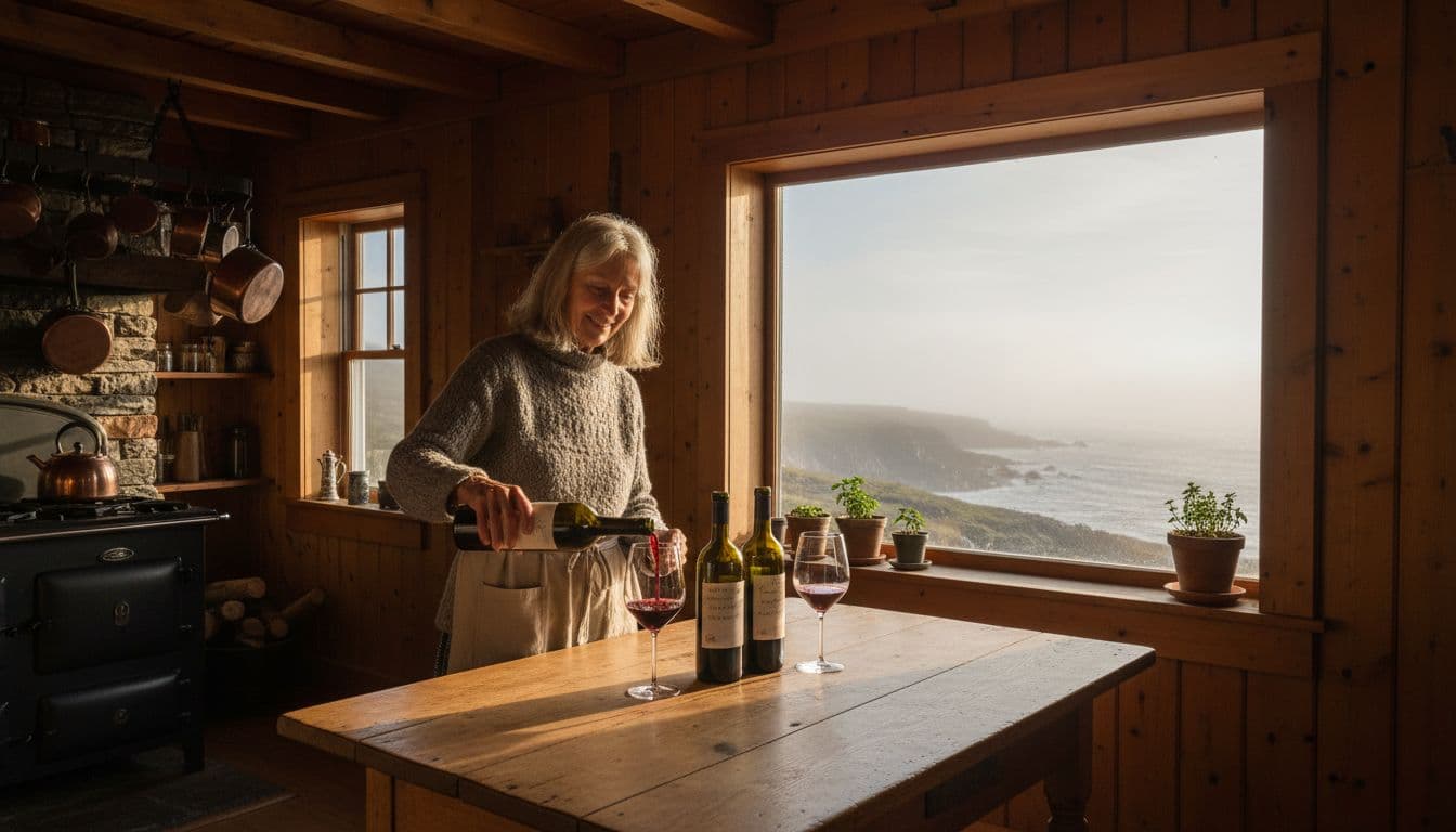 In a cozy wooden kitchen of a Newfoundland Canada home, a 70-year-old woman with shoulder-length gray hair smiles relaxed while pouring homemade wine using both hands naturally visible, with an oak table holding four wine bottles and two glasses, and a large window revealing a foggy ocean coast under warm golden hour lighting.