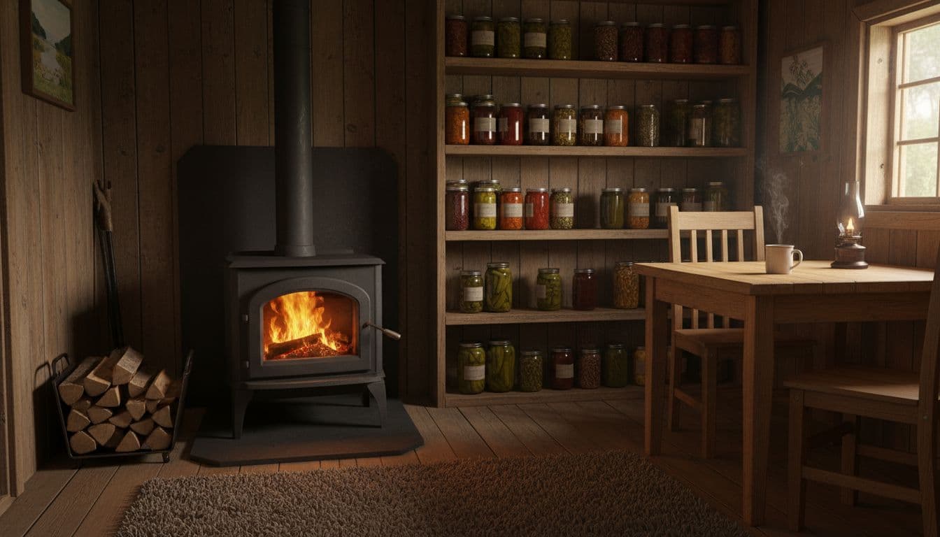 Cozy interior of off-grid home with wood stove, canned goods on shelves, simple wooden table with coffee mug, and warm firelight glow in realistic photography style with detailed textures.
