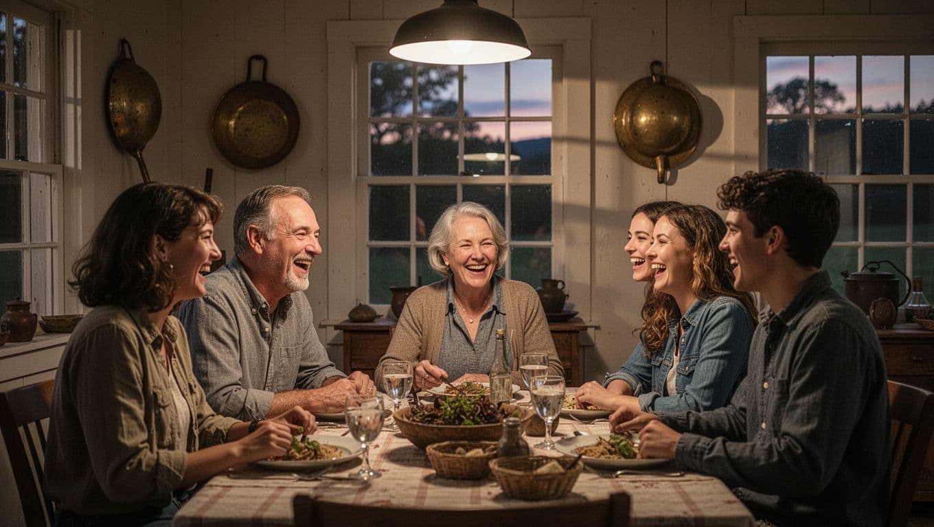 Middle-aged couple and three teens laugh around dinner table in cozy Oregon countryside home interior, mining memorabilia like gold pan and helmet on walls, warm evening light through windows, realistic family portrait.