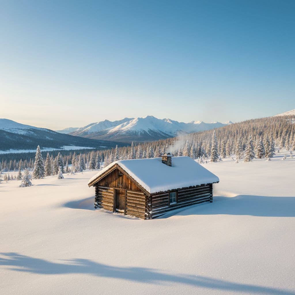 A wooden cabin stands in a vast, snow-covered landscape surrounded by distant pine trees under a clear sky.