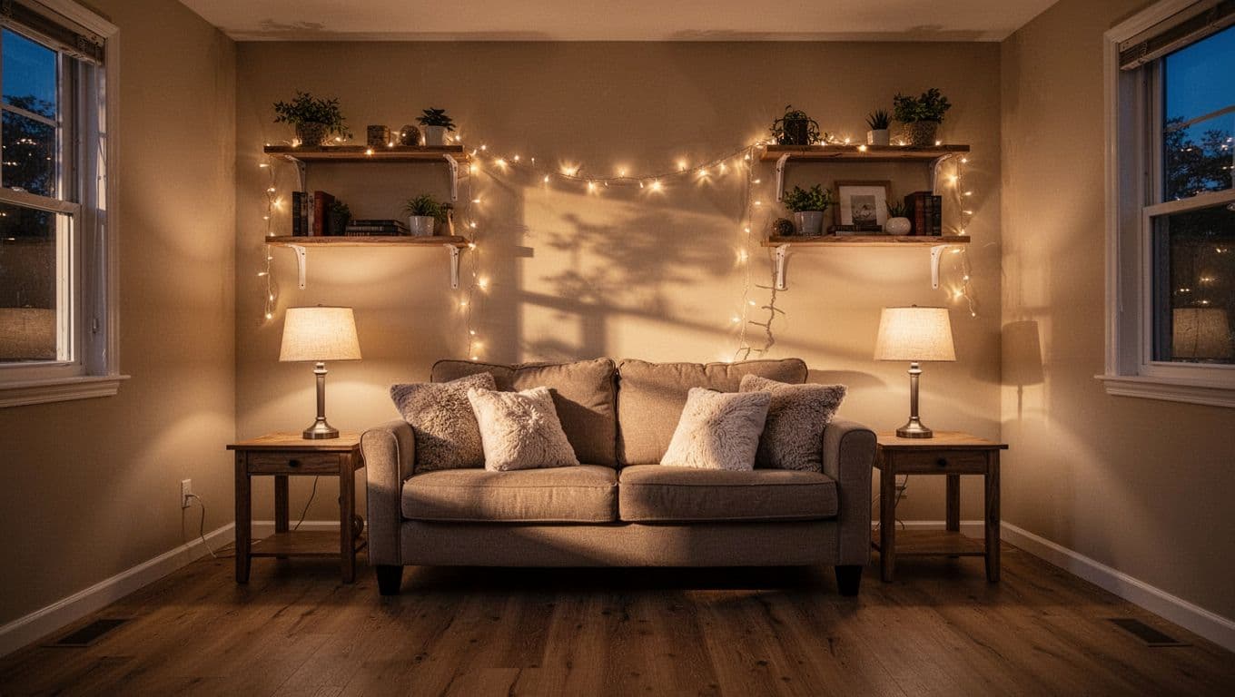 Small living room in evening glow with two table lamps flanking a sofa, string lights on wall shelves, plush pillows, warm beige tones, wide-angle cinematic style with dramatic layered warm lighting and soft shadows for cozy ambiance, no people.
