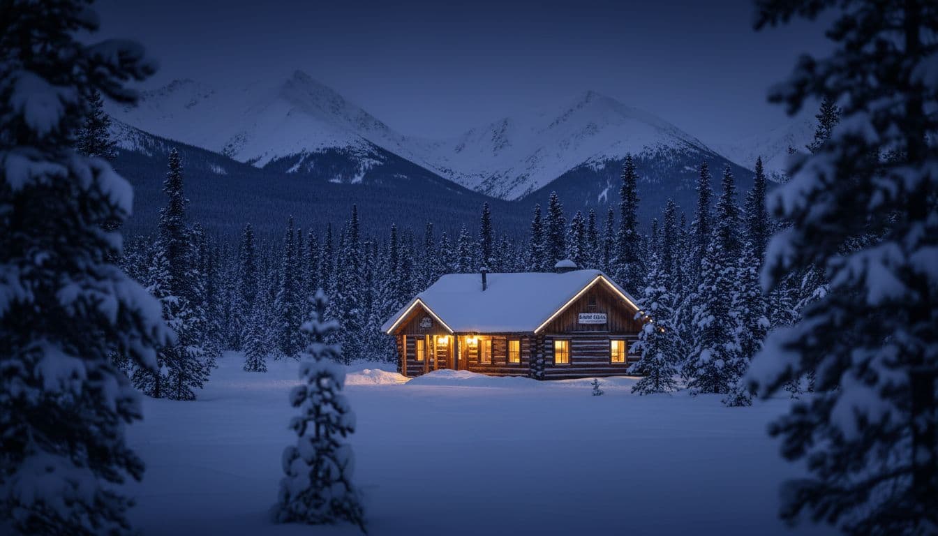 Cozy wooden animal clinic nestled in snowy Yukon wilderness at twilight, with warm golden lights from windows contrasting deep blue snow-covered pines and distant mountains in a dramatic cinematic style.