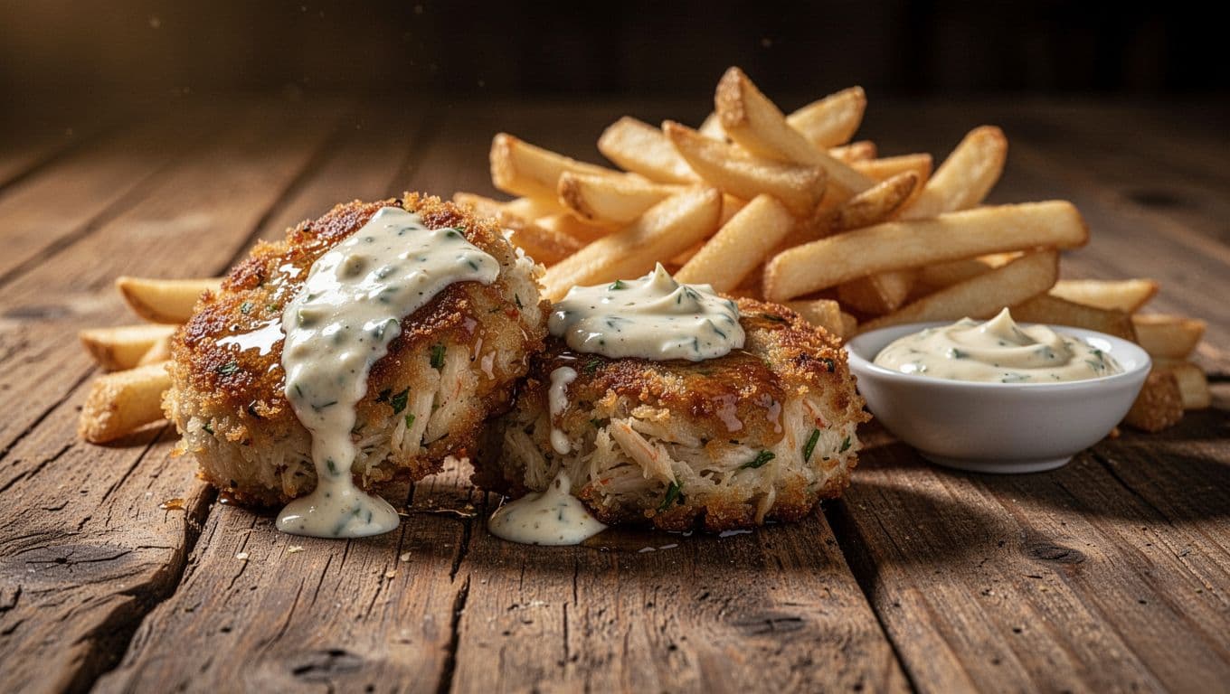 Plate of two golden fried crab cakes topped with creamy remoulade sauce, beside crispy french fries and a small bowl of extra sauce on a rustic wooden table, captured in cinematic style with dramatic lighting.