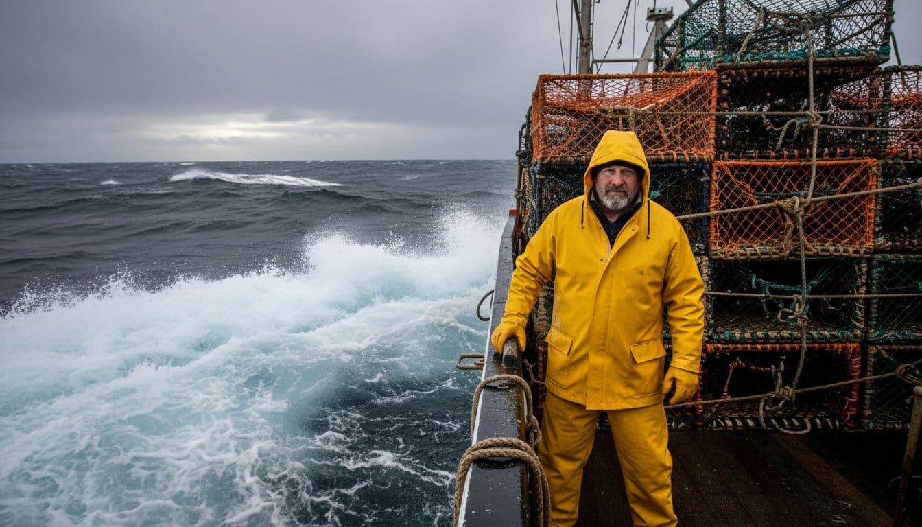 Captain in yellow rain gear grips railing on F/V Time Bandit deck amid crashing waves and stacked orange crab pots.