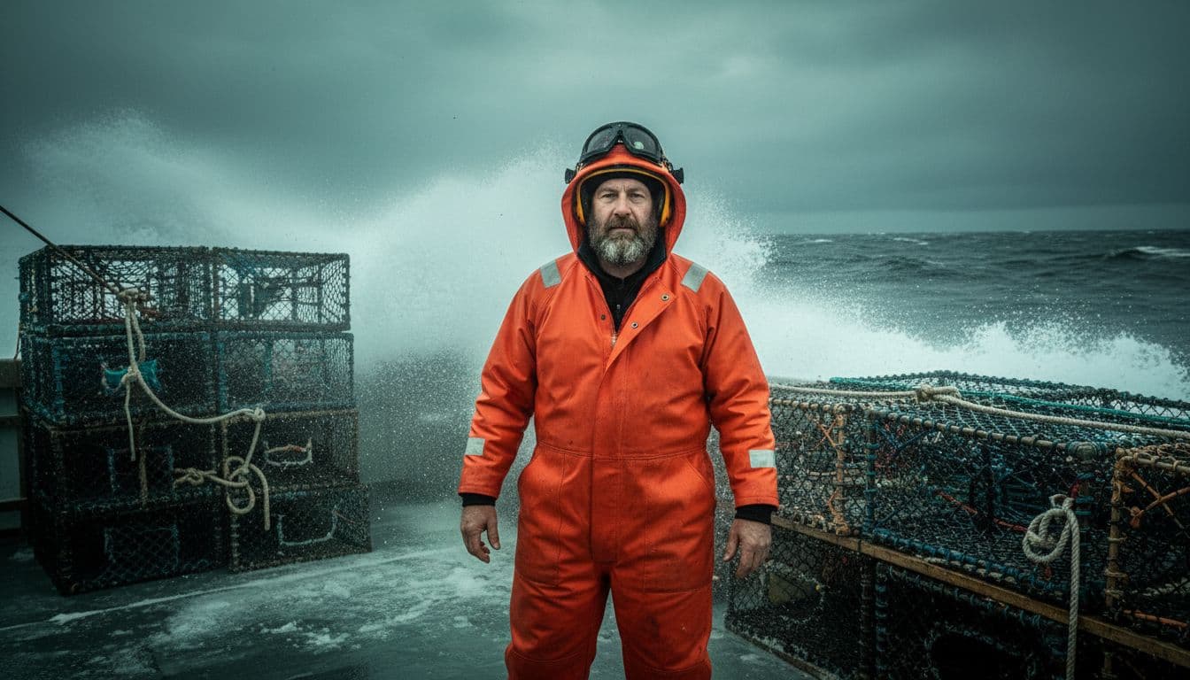 A rugged bearded crab fishing captain in his 40s wears an orange survival suit and helmet, standing confidently on the icy deck of a commercial fishing boat amid massive waves and sea spray in the stormy Bering Sea, with stacks of crab pots nearby.