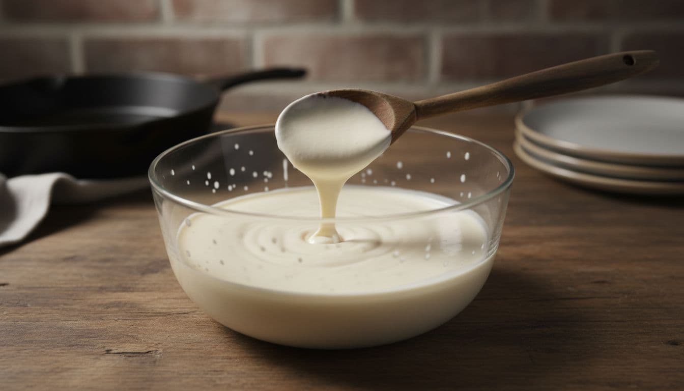Clear glass bowl filled with smooth creamy Alabama white sauce, wooden spoon resting inside with sauce dripping off, subtle droplets on bowl sides, rustic kitchen counter background slightly blurred. Tight close-up composition, cinematic style.