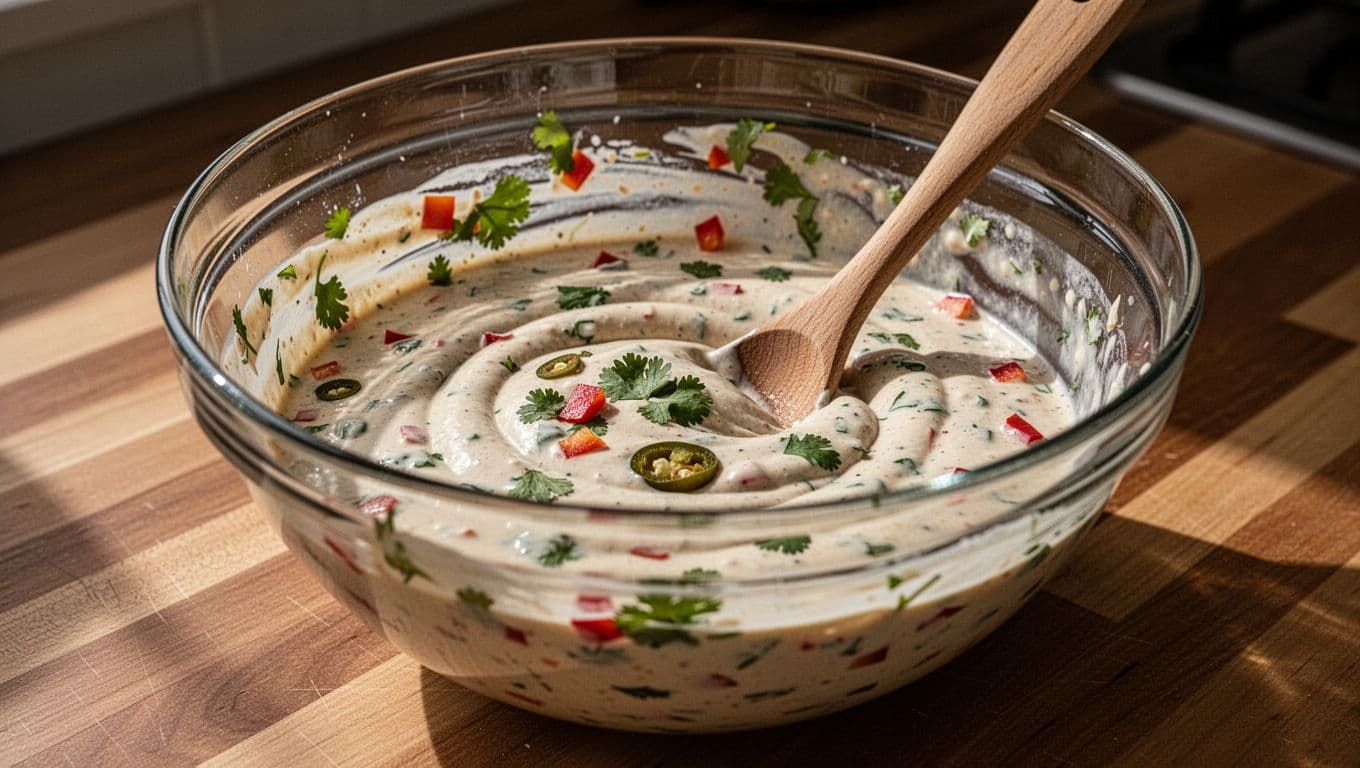 Creamy homemade Baja sauce freshly mixed in a clear glass mixing bowl, showing smooth texture with visible flecks of green cilantro, red bell pepper, and jalapeno bits. Wooden spoon resting loosely inside the bowl on a wooden kitchen counter.