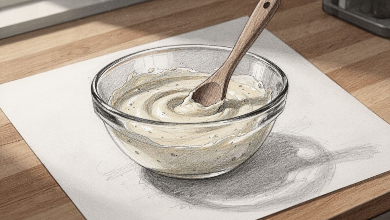 Hand-drawn graphite sketch of a glass mixing bowl on a wooden kitchen counter, filled halfway with creamy burger sauce mixture and a wooden spoon resting inside for stirring. Side view composition emphasizes texture with light shading on a clean white paper background.