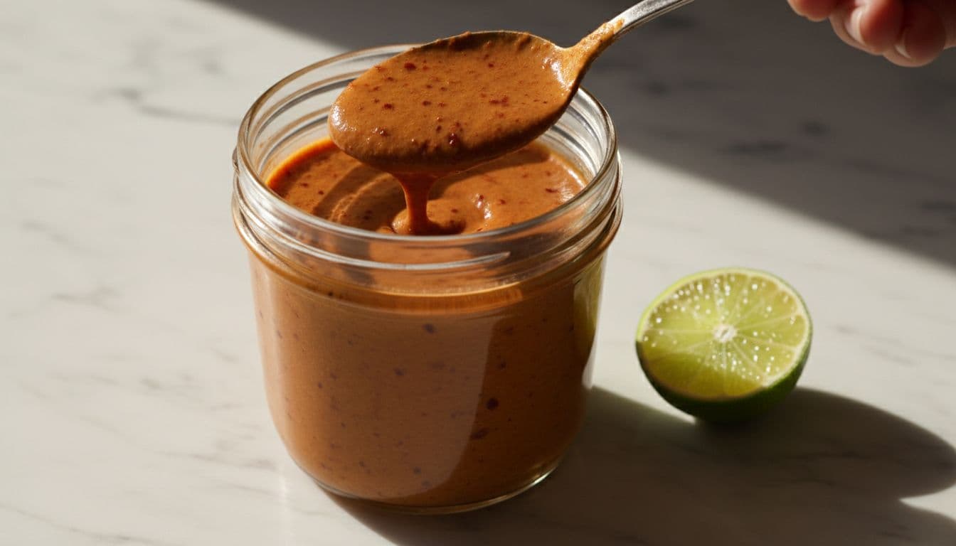 Creamy chipotle sauce in clear glass jar with spoon dipping in, showing smooth texture and red flecks, lime wedge on marble counter.