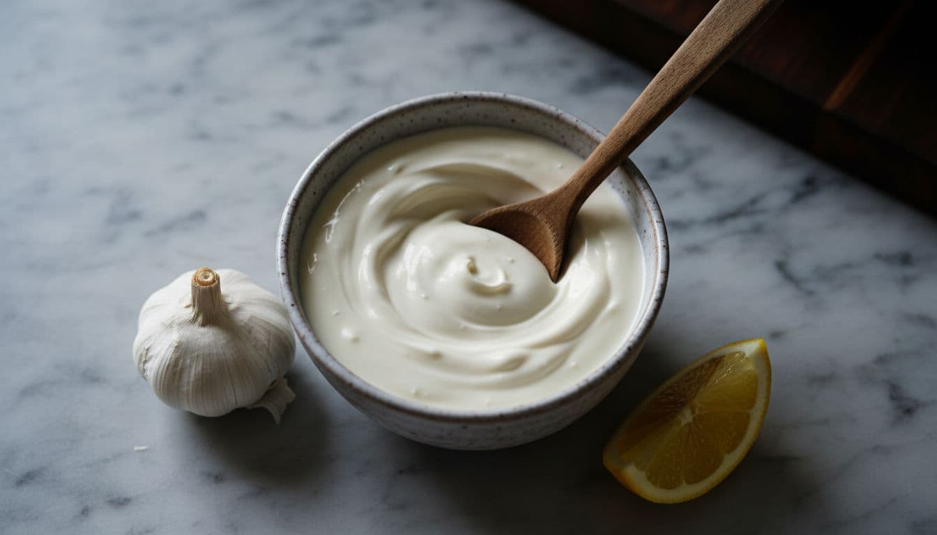 Creamy white garlic aioli in small ceramic bowl on marble countertop, wooden spoon dipping in, garlic clove and lemon wedge beside.