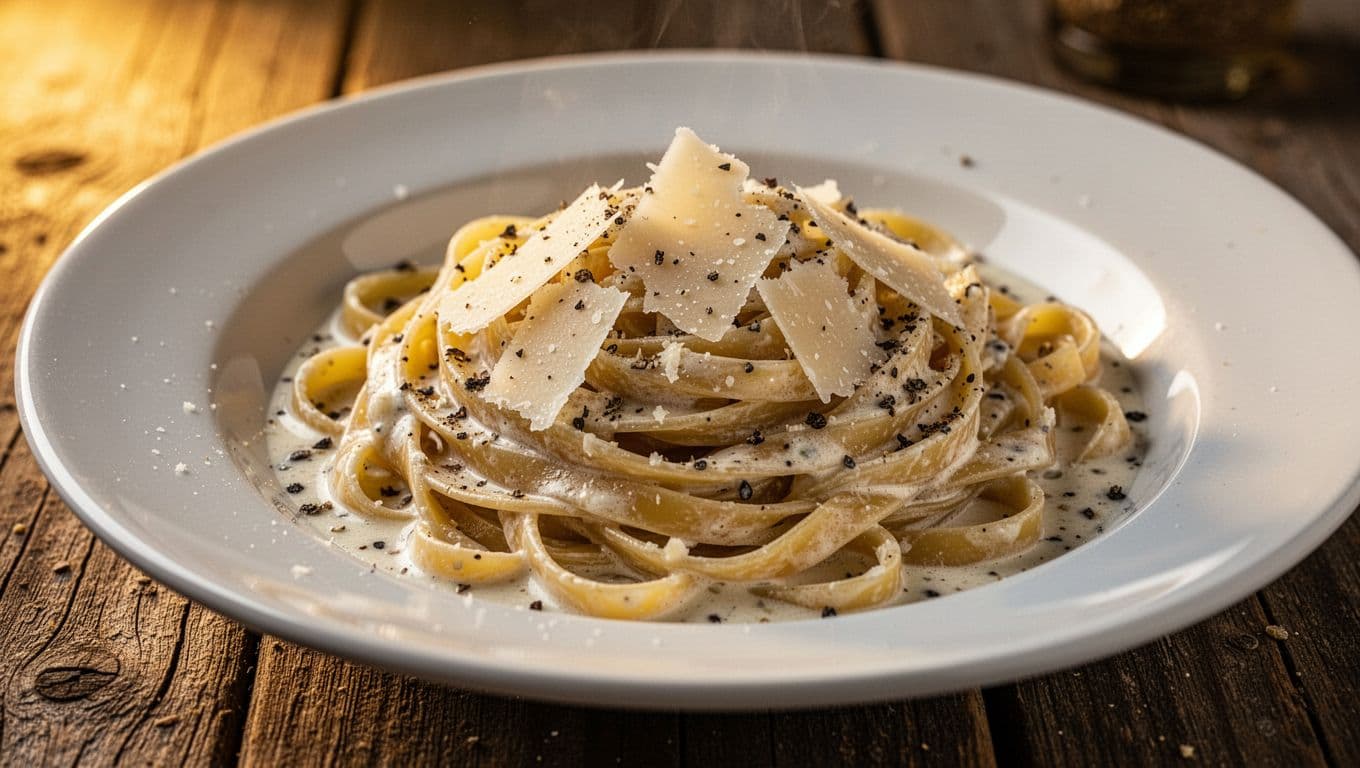 Twirled fettuccine coated in creamy garlic parmesan sauce, topped with parmesan shavings and black pepper in white bowl on wooden table.