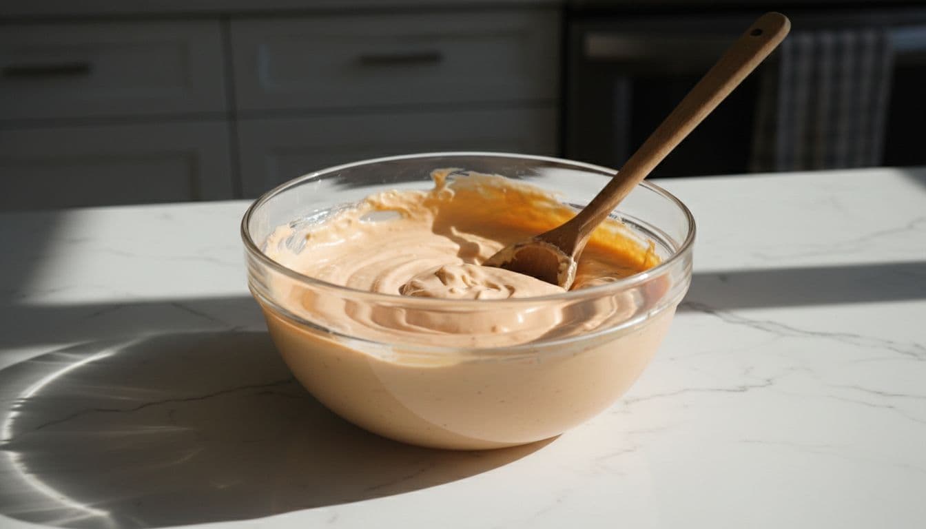 Close-up of a glass mixing bowl filled with creamy homemade In-N-Out spread, featuring a wooden spoon resting inside to show the smooth blended texture of mayonnaise, ketchup, and relish on a marble countertop.