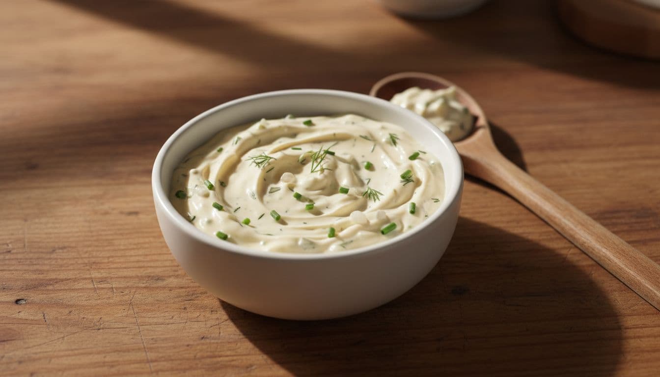 Creamy homemade tartar sauce in a small white ceramic bowl on a wooden kitchen surface, with a wooden spoon resting beside it and visible chunks of pickles, herbs, and onions. Close-up angled composition from above focusing on smooth texture and fresh appeal in cinematic style with dramatic natural lighting.