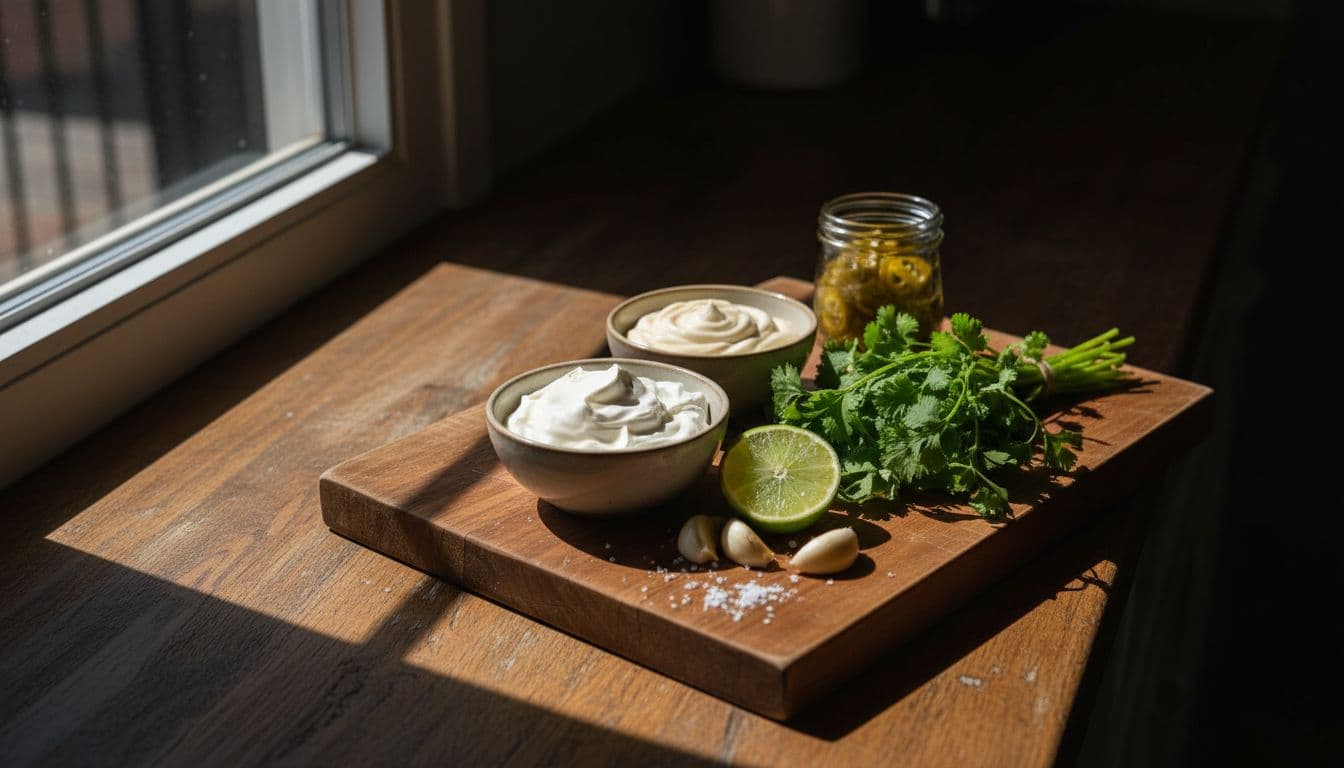 Sour cream, mayonnaise, pickled jalapenos, cilantro, garlic cloves, lime halves, and salt neatly arranged on a wooden cutting board.