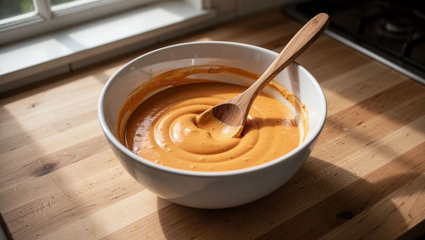 White ceramic mixing bowl filled with creamy orange fry sauce, wooden spoon resting inside partially stirring the sauce on a light wooden kitchen counter. Overhead composition with cinematic style, strong contrast, depth, and dramatic lighting.