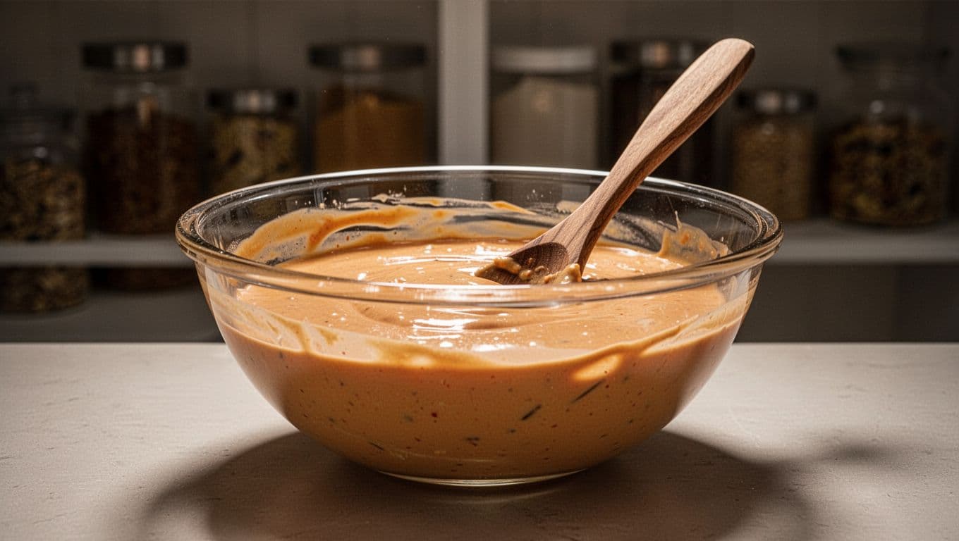 Small glass mixing bowl filled with creamy orange sauce and a wooden spoon resting inside, with subtle gloss on the surface against a soft blurred kitchen background including a mayo jar.