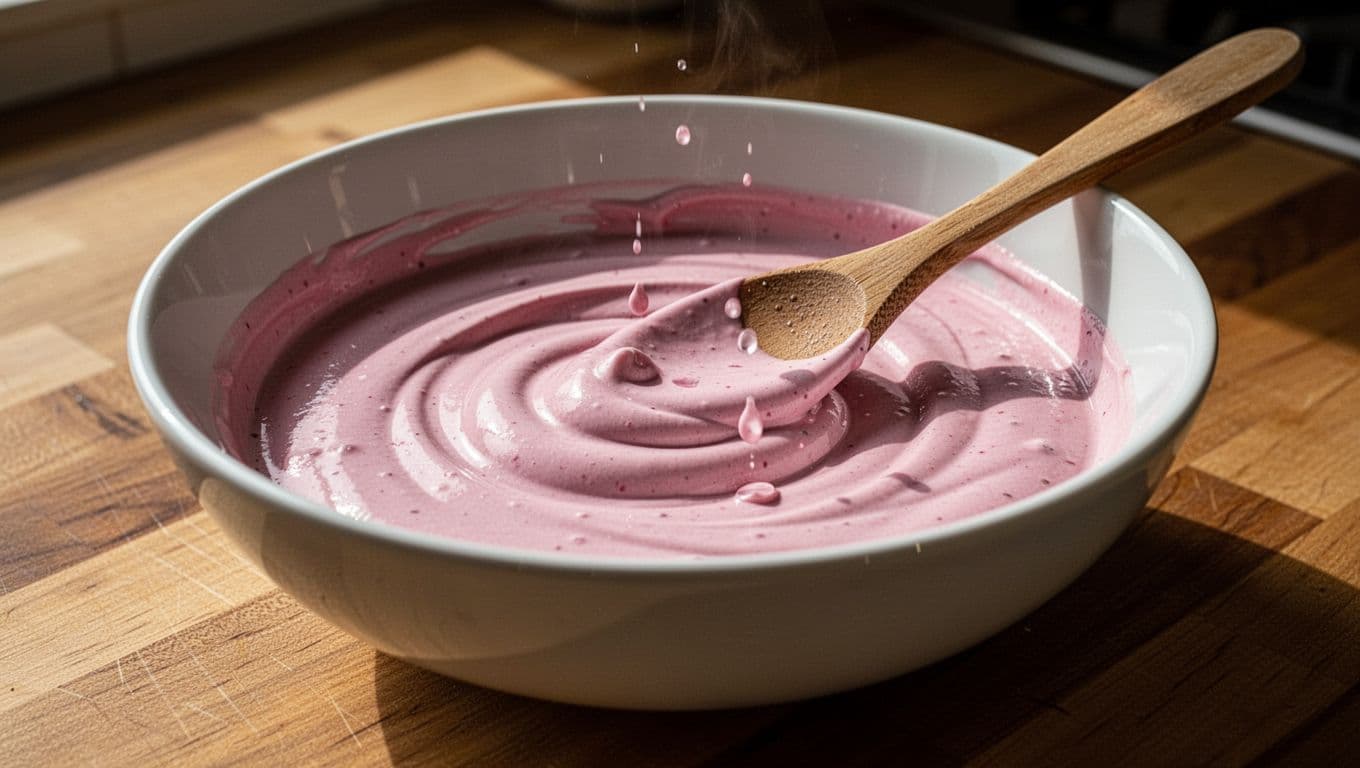 Creamy pink homemade yum yum sauce freshly mixed in a white ceramic bowl on a wooden kitchen counter, with a wooden spoon resting inside and sauce dripping off.