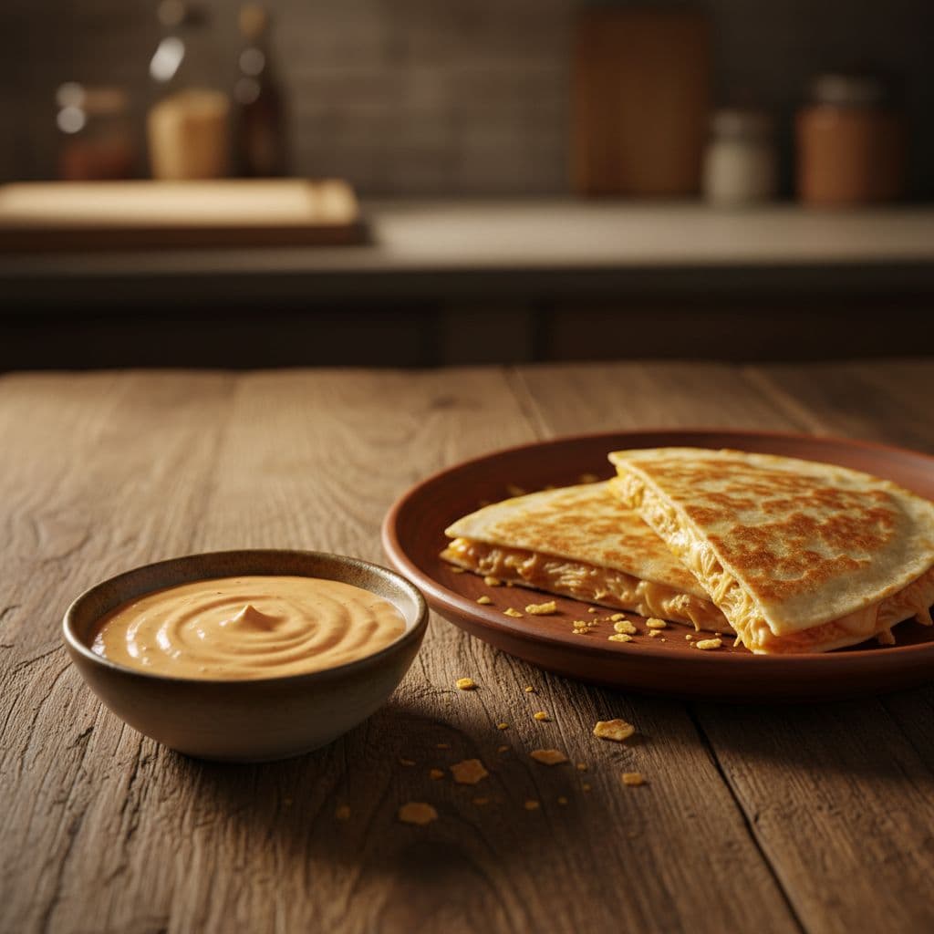 A bowl of orange dipping sauce sits beside crispy golden-brown quesadillas on a wooden surface.