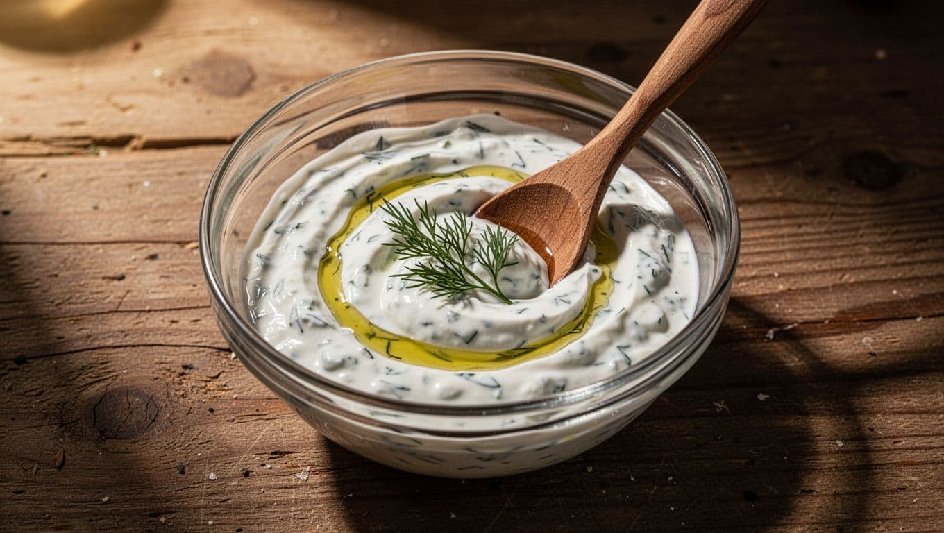 Creamy white tzatziki sauce in glass bowl with wooden spoon, topped with dill sprig and olive oil on wooden table.
